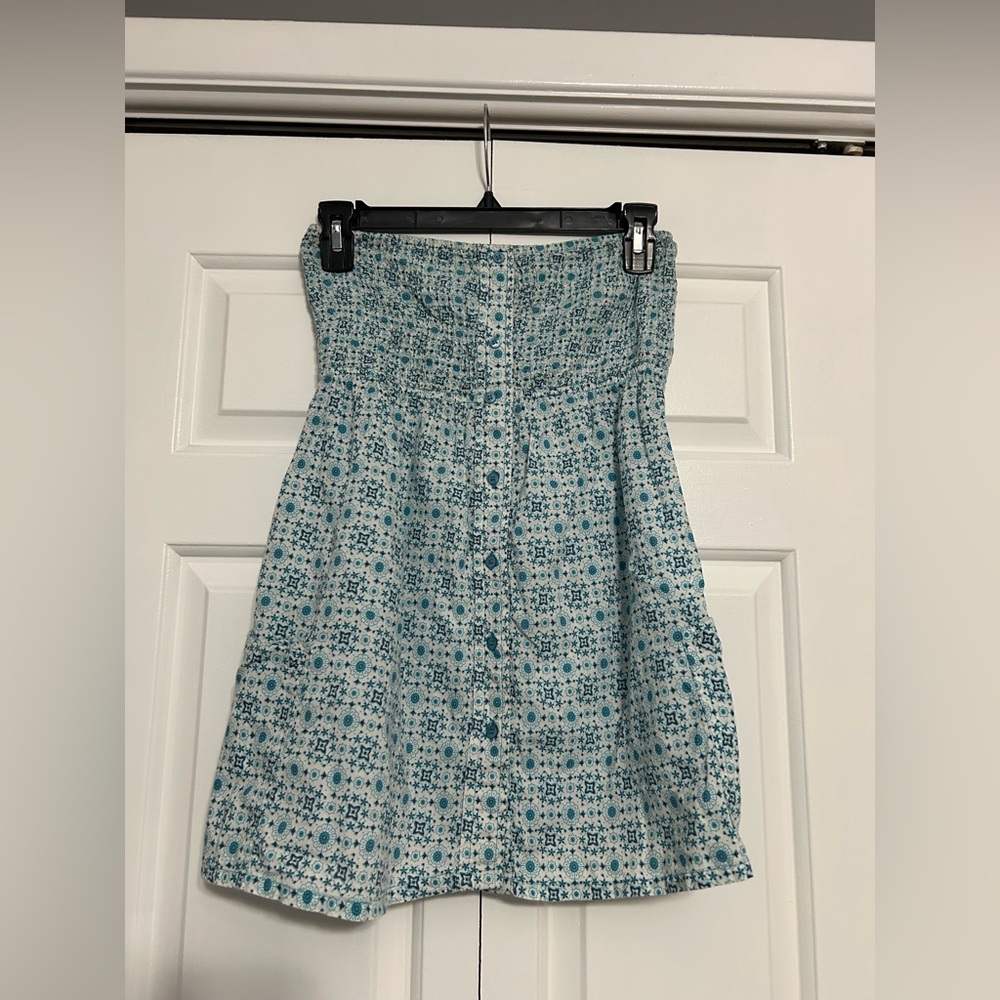 Vintage Y2K Teal and White Strapless Button Front Ruched Top Size Medium
